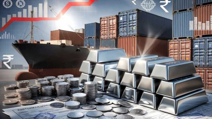 Silver bars and coins displayed after India tightened silver import regulations