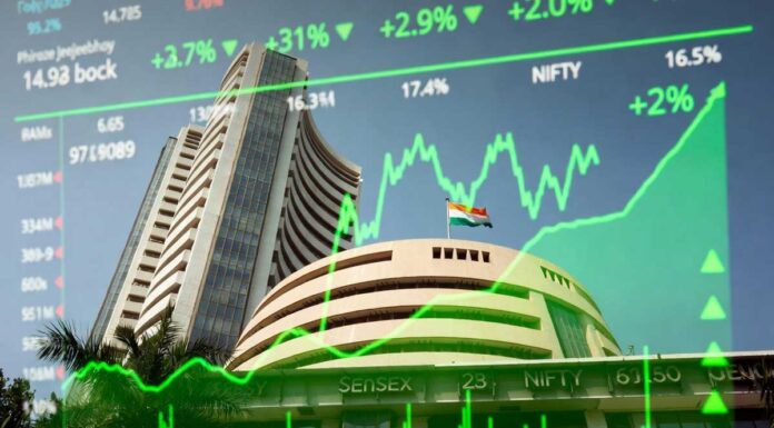 Indian stock market trading screen showing Sensex and Nifty gains with green upward trend