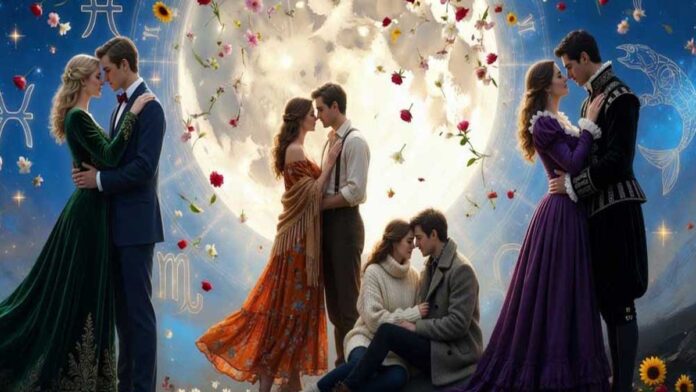 Love Horoscope May 8 2026 Zodiac Romance Predictions Romantic zodiac love horoscope illustration with couple silhouettes and stars