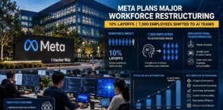 Meta headquarters with AI-themed graphics representing layoffs and workforce restructuring
