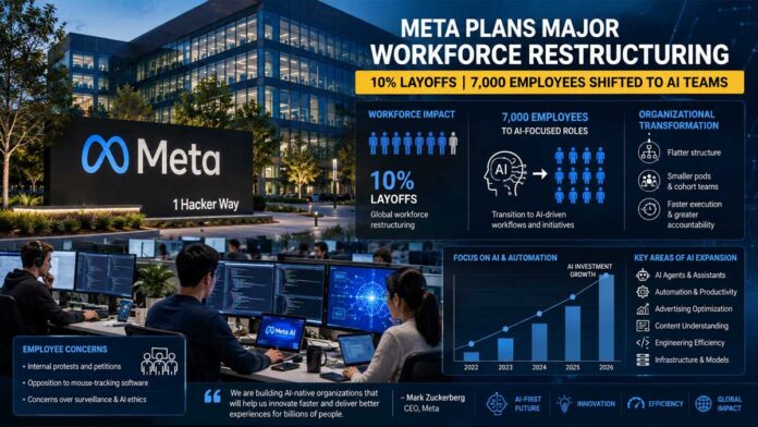 Meta AI Restructuring and Layoffs 2026 Meta headquarters with AI-themed graphics representing layoffs and workforce restructuring