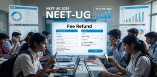 Students checking the NEET-UG 2026 fee refund portal on laptops after NTA announces refund process and retest
