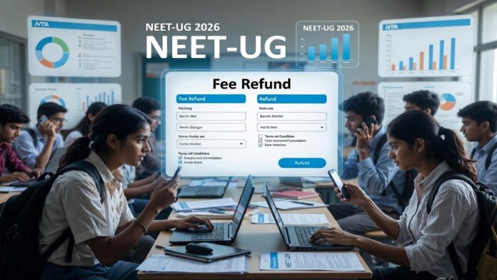NTA Opens NEET-UG 2026 Fee Refund Portal Students checking the NEET-UG 2026 fee refund portal on laptops after NTA announces refund process and retest