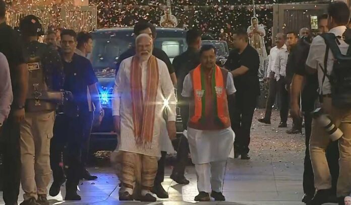 PM Narendra Modi addressing BJP workers after election victory at party headquarters in New Delhi