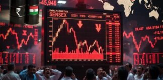 Indian stock market crash with Sensex falling sharply amid rising crude oil prices and Middle East tensions