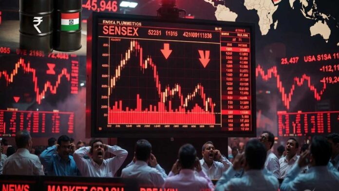 Sensex Falls Over 900 Points Amid Global Market Turmoil Indian stock market crash with Sensex falling sharply amid rising crude oil prices and Middle East tensions