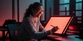 Futuristic display emitting soft near-infrared light demonstrating eye-friendly screen technology