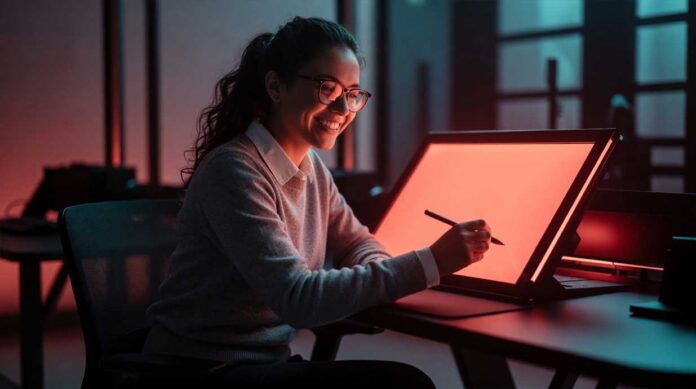 SunLED NIR Display Technology at Display Week 2026 Futuristic display emitting soft near-infrared light demonstrating eye-friendly screen technology