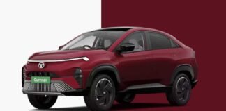 Tata Curvv EV SeriesX electric SUV coupe in Nitro Crimson color showcasing modern design and LED lighting