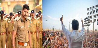 Thalapathy Vijay in political movie roles showcasing leadership and anti-corruption themes