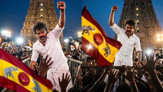 thalapathy-vijay-tvk-rally- Thalapathy Vijay addressing a massive political rally in Tamil Nadu during 2026 elections as TVK gains strong momentum