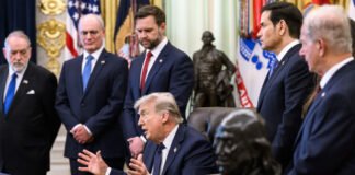 Donald Trump during a national security meeting as tensions with Iran escalate over possible military action