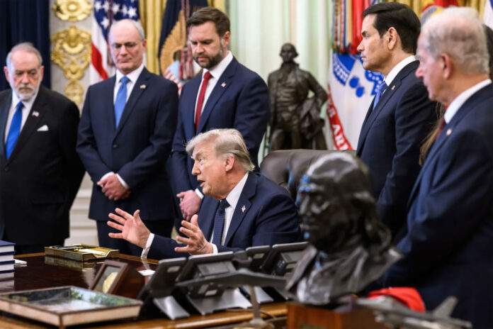 trump-iran-military-strike- Donald Trump during a national security meeting as tensions with Iran escalate over possible military action