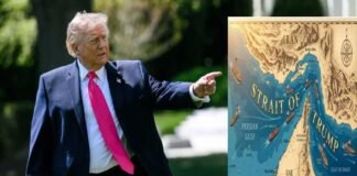 Donald Trump speaking with US Navy ships in the background amid rising tensions with Iran
