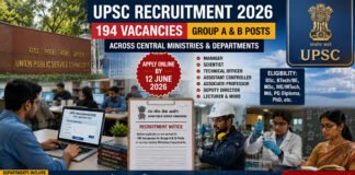 UPSC recruitment notification for 194 Group A and Group B government vacancies in India