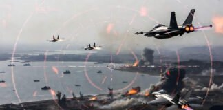 US military fighter jets conducting airstrikes near Iranian missile launch sites close to the Hormuz Strait