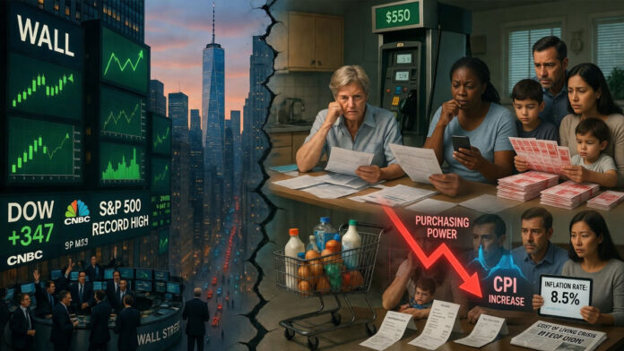 US Economic Inequality highlighted by rising stock markets and financial struggles faced by American households