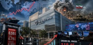 World Bank headquarters with rising oil prices and global financial crisis graphics linked to Middle East conflict