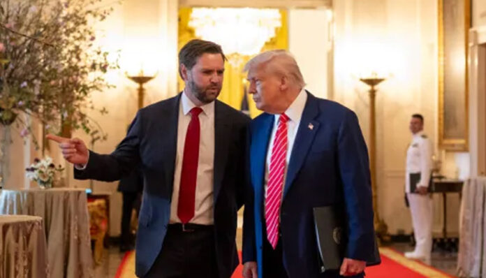 US Vice President JD Vance and President Donald Trump during announcements related to the US-Iran Peace Agreement ahead of the Switzerland signing ceremony.