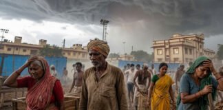 India Monsoon Heat Stress warning showing people enduring extreme heat and humidity during monsoon season amid climate change concerns.
