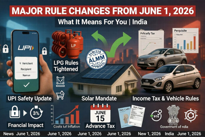 june-rule-changes-2026-upi- June Rule Changes 2026 showing UPI payments, tax filing, car price increases, LPG cylinders and solar panel regulations in India.