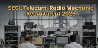 SECL headquarters and telecom maintenance professionals working on communication equipment during recruitment announcement.