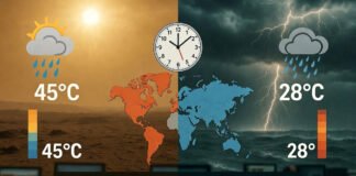 Weather Forecast June 1, 2026 showing heatwave conditions in Rajasthan and rain, thunderstorms, and cloudy skies across North India.