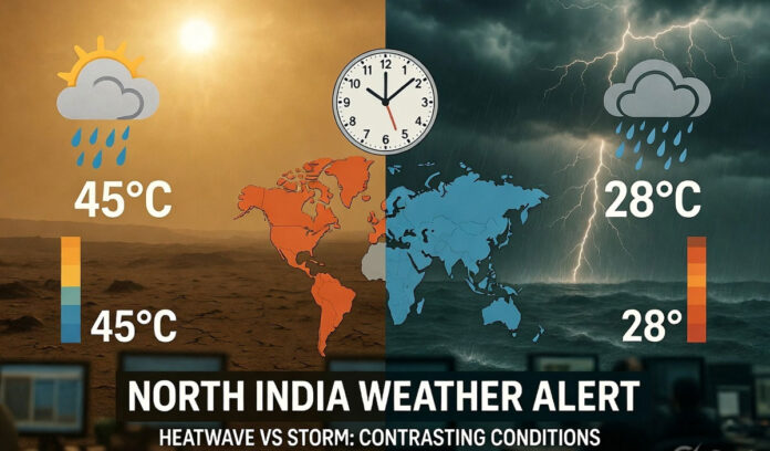 weather-forecast-june-1-202 Weather Forecast June 1, 2026 showing heatwave conditions in Rajasthan and rain, thunderstorms, and cloudy skies across North India.
