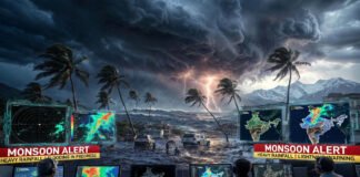 Weather Update showing heavy rain clouds, thunderstorms, lightning and monsoon activity across multiple Indian states