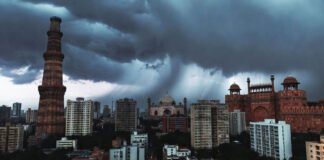 Dark rain clouds over Delhi-NCR as strong winds and thunderstorms arrive due to an active western disturbance.