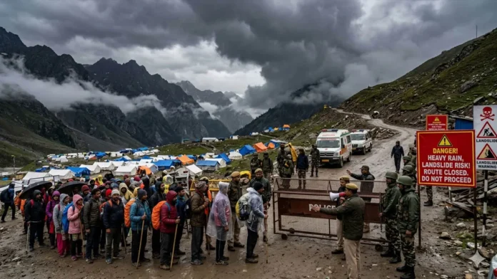 amarnath-yatra-suspended-july-19-heavy-rain-alert-2026 Authorities temporarily suspended the Amarnath Yatra after forecasts of heavy rain, landslides, and flash floods prompted safety measures.
