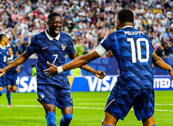 france-vs-sweden-mbappe-fif Kylian Mbappé celebrates after scoring two goals as France defeated Sweden 3-0 to reach the FIFA World Cup 2026 Round of 16.