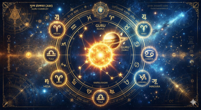 guru-combust-2026-jupiter-c Guru Combust 2026 as Jupiter becomes combust in Cancer, highlighting its impact on Aries, Libra, and Capricorn according to Vedic astrology.