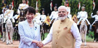 Prime Minister Narendra Modi and Japanese Prime Minister Sanae Takaichi participate in the ceremonial welcome ahead of the 16th India-Japan Annual Summit in New Delhi.