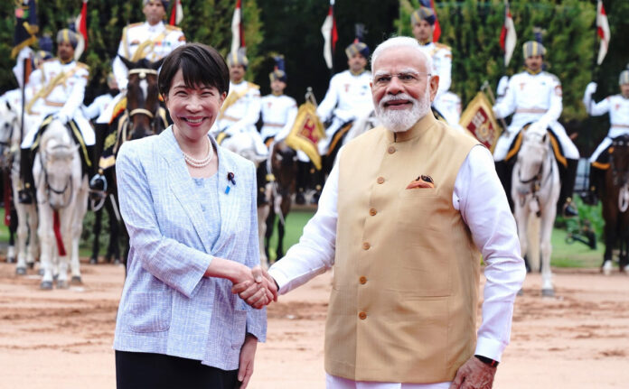 india-japan-annual-summit-m Prime Minister Narendra Modi and Japanese Prime Minister Sanae Takaichi participate in the ceremonial welcome ahead of the 16th India-Japan Annual Summit in New Delhi.