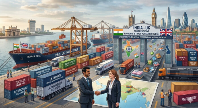 india-uk-ceta-free-trade-ag The India-UK Comprehensive Economic and Trade Agreement (CETA) officially comes into force, providing duty-free access for 99% of Indian exports to the UK.