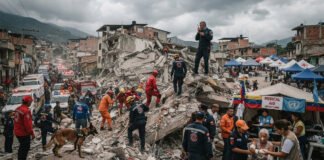 Rescue personnel search collapsed buildings while displaced residents receive humanitarian aid following the devastating June 24 earthquakes in Venezuela.