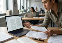 AI-Written Stories Rated Better Than Human Writing in New Study, But Researchers Say Authors Aren’t Being Replaced A person reading AI-generated content on a laptop while comparing handwritten notes and printed manuscripts.