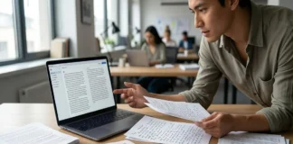 A person reading AI-generated content on a laptop while comparing handwritten notes and printed manuscripts.