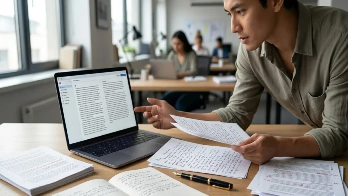 A person reading AI-generated content on a laptop while comparing handwritten notes and printed manuscripts.