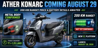 Ather Konarc Launch showing upcoming electric scooter with metal body panels, EL platform and possible 200 km range