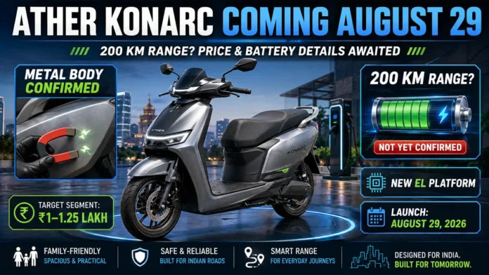 Ather Konarc Launch With Metal Body and Expected 200 Km Range Ather Konarc Launch showing upcoming electric scooter with metal body panels, EL platform and possible 200 km range