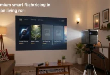boAt CineHead F1 Pro Turns Your Wall Into a 120-Inch Cinema Screen; Check Price and Features boAt CineHead F1 Pro smart projector displaying a 120-inch Full HD home-cinema screen with 4K content support