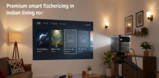 boAt CineHead F1 Pro smart projector displaying a 120-inch Full HD home-cinema screen with 4K content support