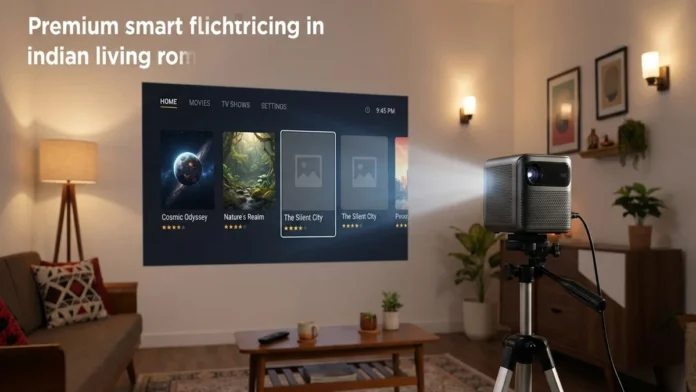 boAt CineHead F1 Pro Smart Projector With Google TV boAt CineHead F1 Pro smart projector displaying a 120-inch Full HD home-cinema screen with 4K content support