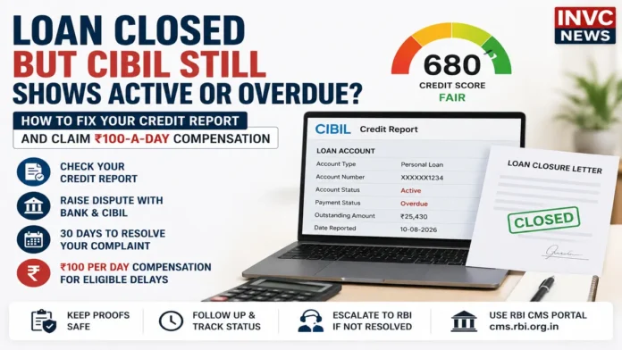 CIBIL error after loan closure showing active or overdue loan and RBI ₹100 per day compensation rule