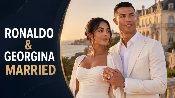 Cristiano Ronaldo and Georgina Rodriguez wedding editorial image following their private marriage in Cascais, Portugal