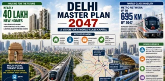 Delhi Master Plan 2047 showing 40 lakh additional homes, 695-km Delhi Metro network, transit hubs and future urban development