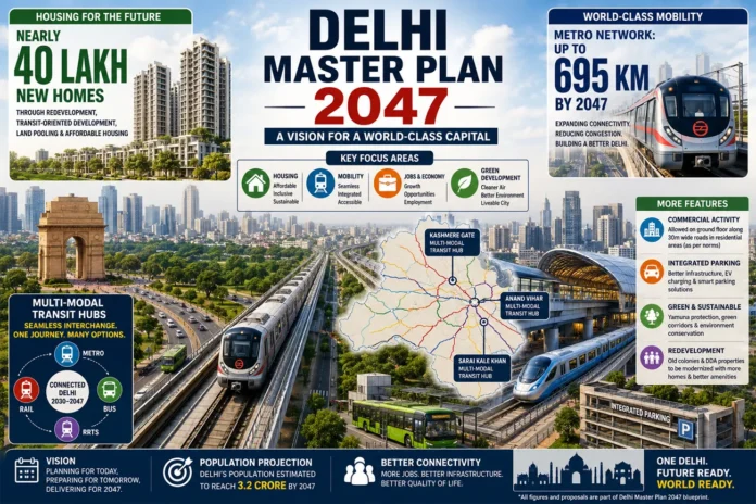 Delhi Master Plan 2047 40 Lakh Homes and 695 Km Metro Delhi Master Plan 2047 showing 40 lakh additional homes, 695-km Delhi Metro network, transit hubs and future urban development