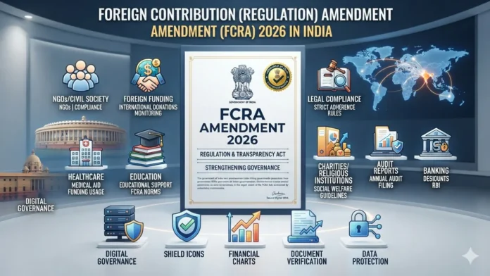 FCRA Amendment 2026 Explained: New Rules, Key Changes & Impact on NGOs in India Infographic explaining the FCRA Amendment 2026, new FCRA rules, foreign funding regulations, NGO compliance requirements, and key changes proposed by the Government of India.